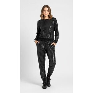 Y122 Women Sparkling Sequin Tracksuit Set Black Long Sleeve Size XXL